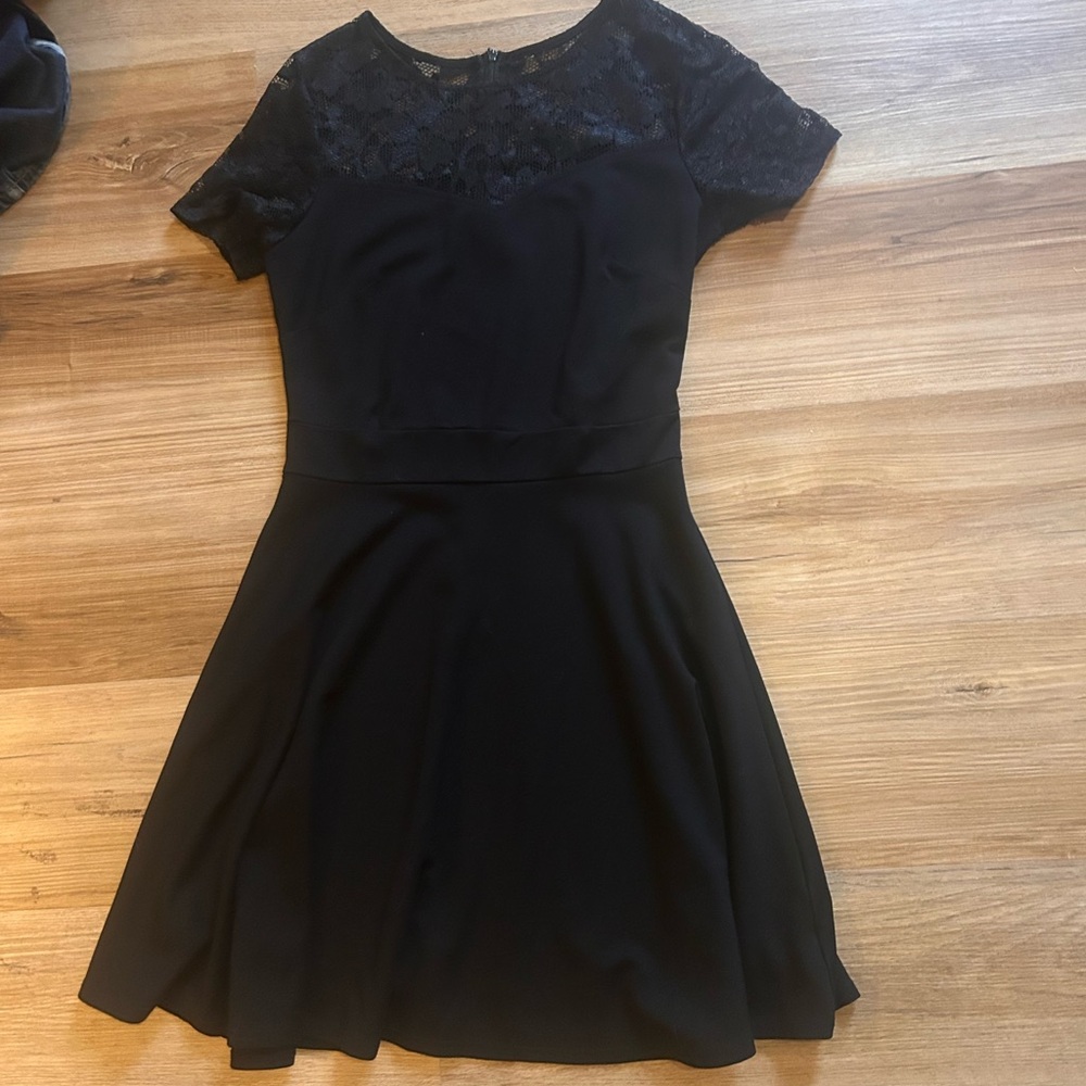 Women's Black Lace Yoke Fit-and-Flare Dress